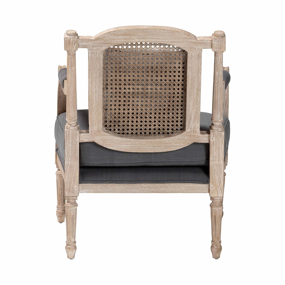 Clemence French Provincial Grey Fabric Whitewashed Mahogany Wood Armchair