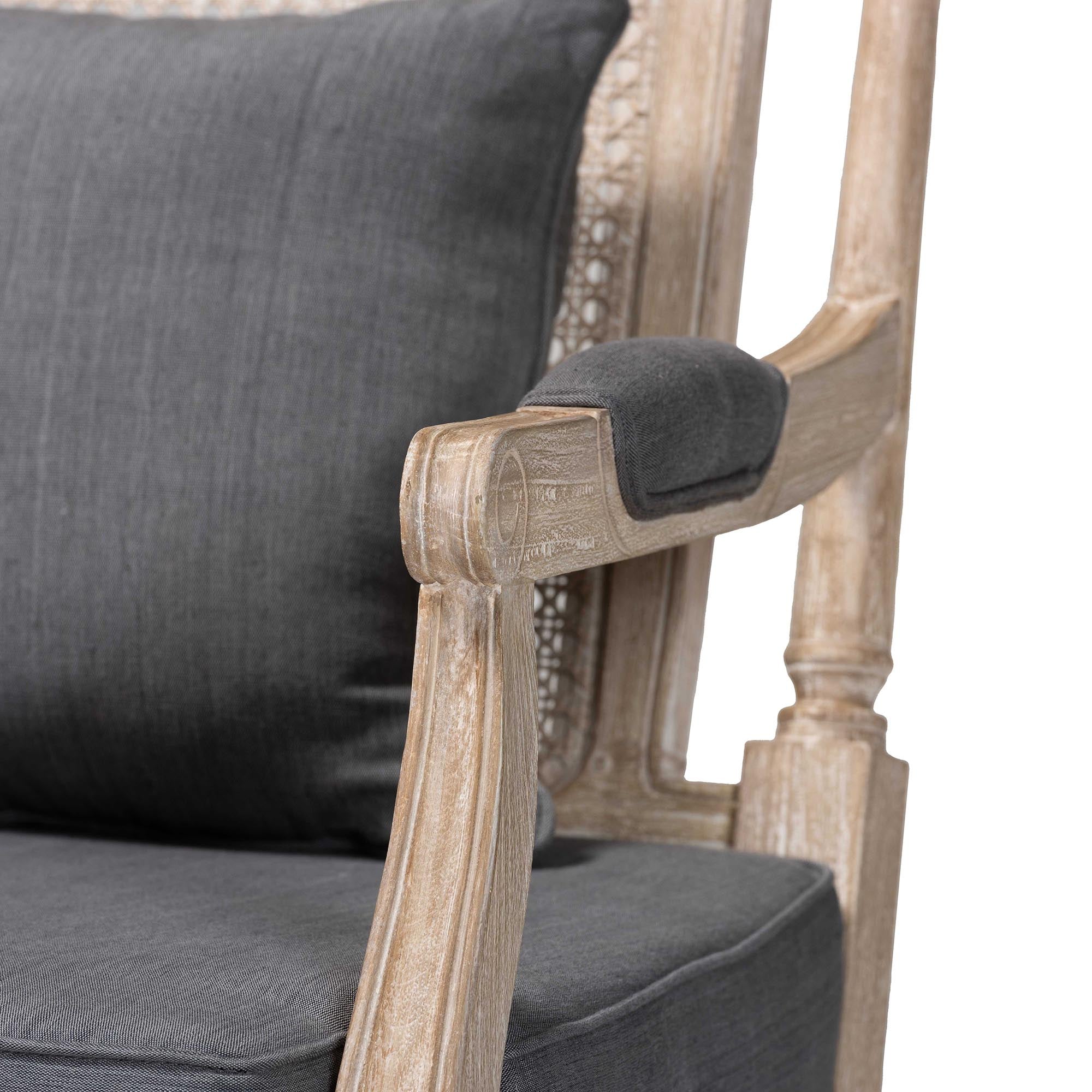 Clemence French Provincial Grey Fabric Whitewashed Mahogany Wood Armchair