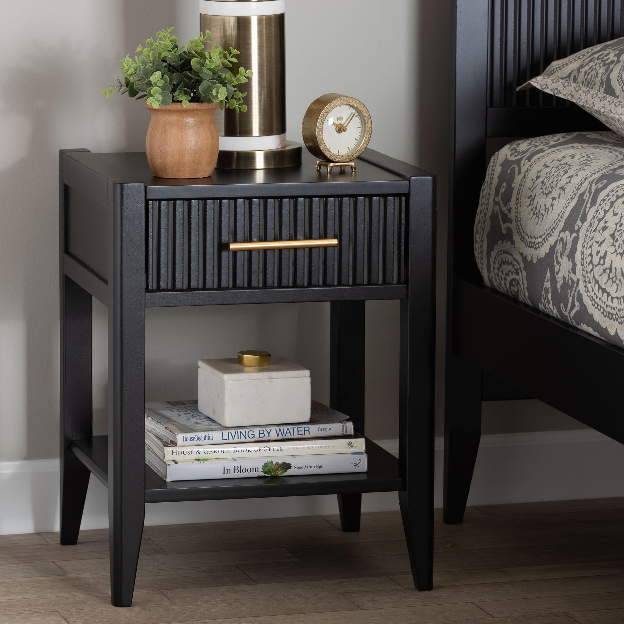 Primrose Mid-Century Black Fluted Wood 1-Drawer Nightstand
