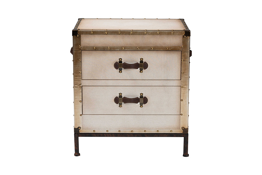 Laura Vintage White Canvas 2-Drawer End Table Trunk
