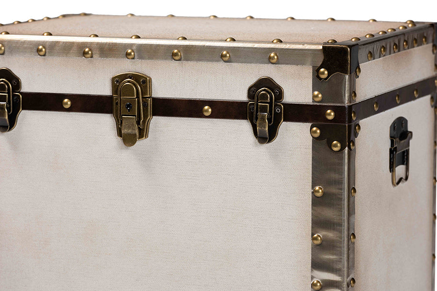 Laura Vintage White Canvas Lift-Top Trunk End Table