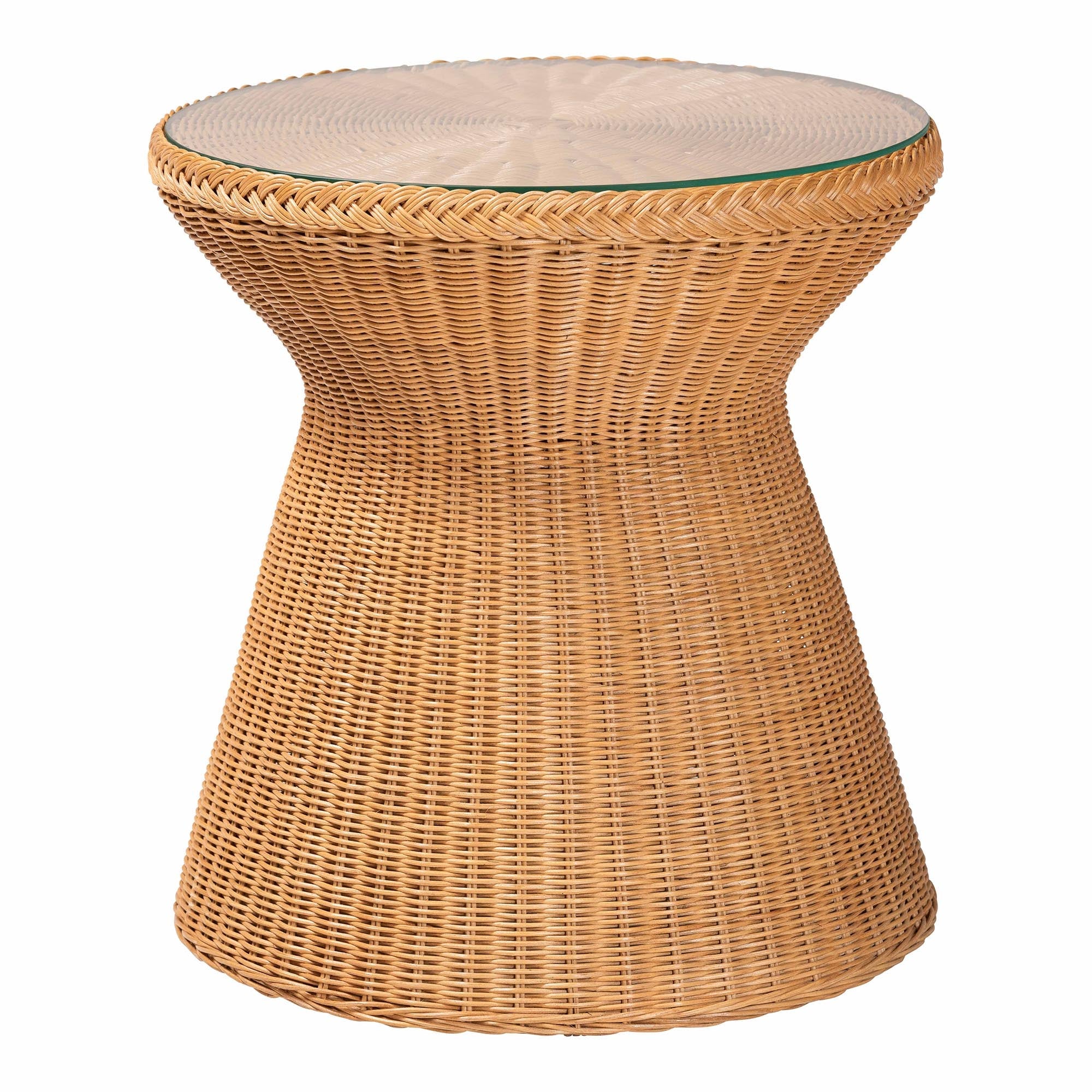 Nina Bohemian Light Honey Braided Rattan End Table with Glass Tabletop