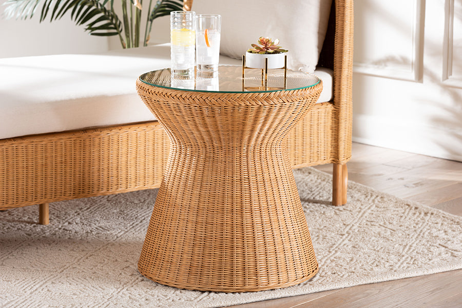 Nina Bohemian Light Honey Braided Rattan End Table with Glass Tabletop