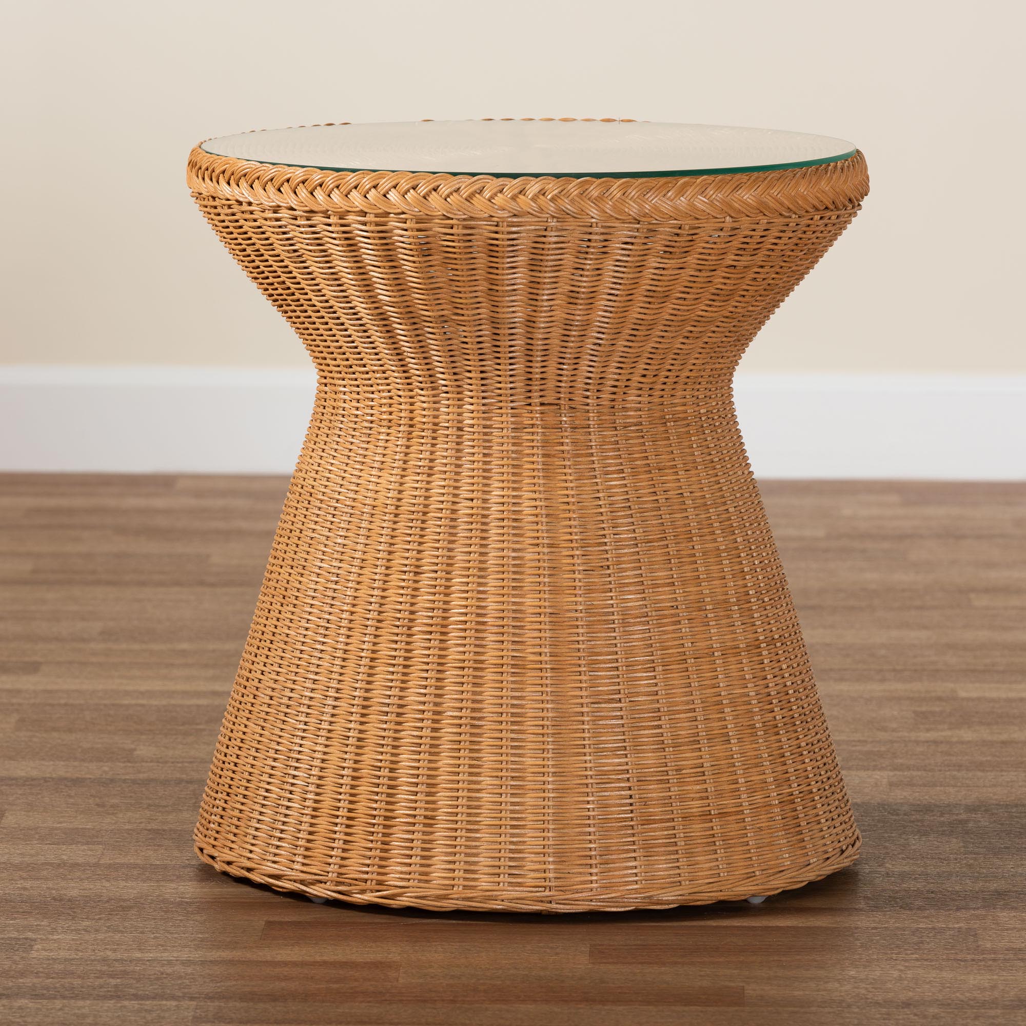 Nina Bohemian Light Honey Braided Rattan End Table with Glass Tabletop