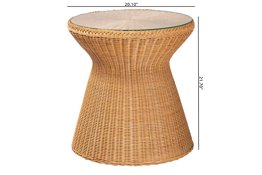 Nina Bohemian Light Honey Braided Rattan End Table with Glass Tabletop