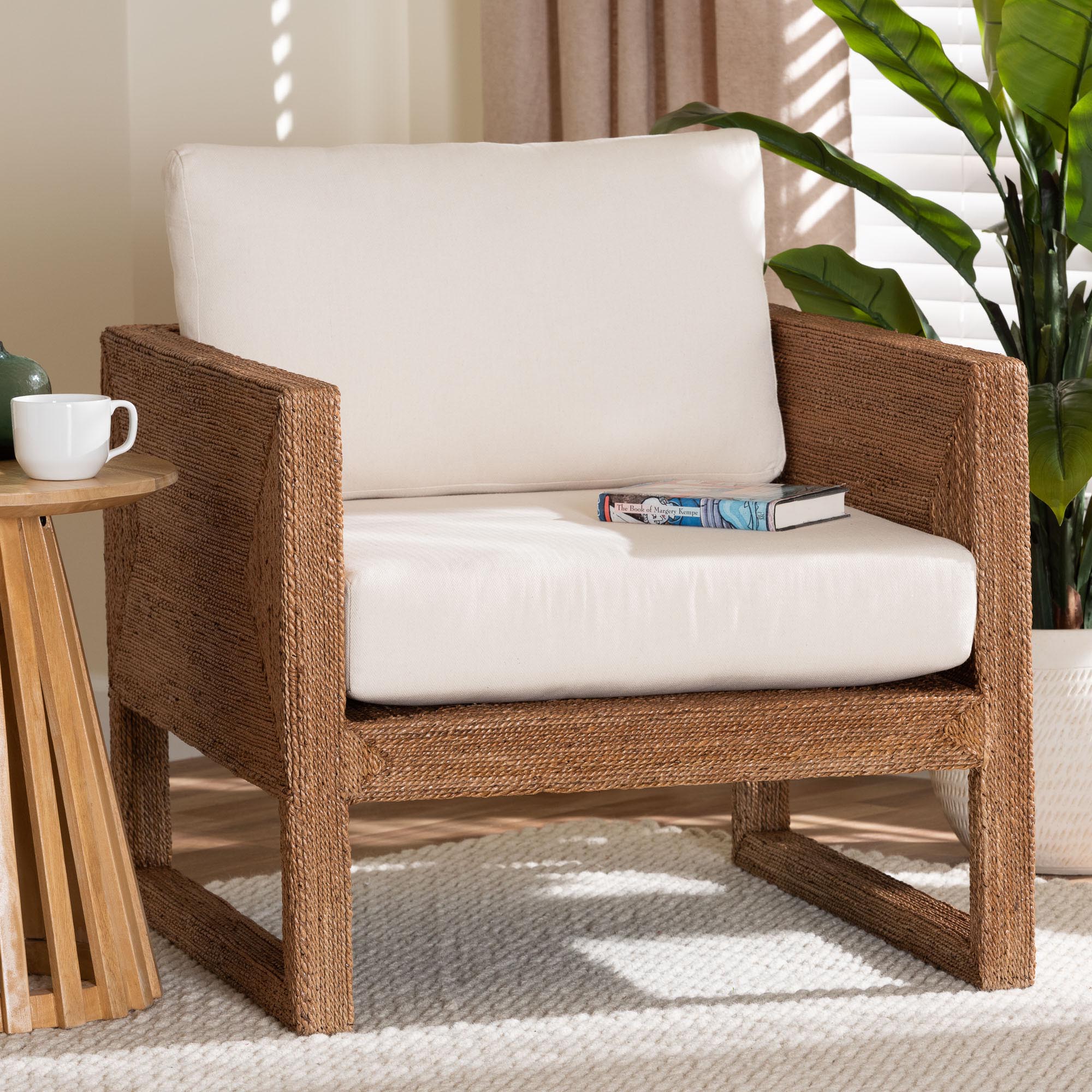 Helina Bohemian Bleached Seagrass and Acacia Wood Arm Chair