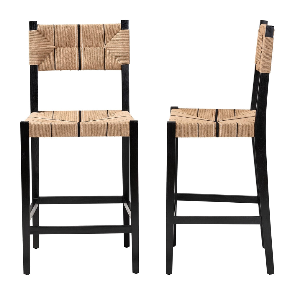Prita Bohemian Paper Loom and Black Mahogany Wood 2-Piece Bar Stool Set