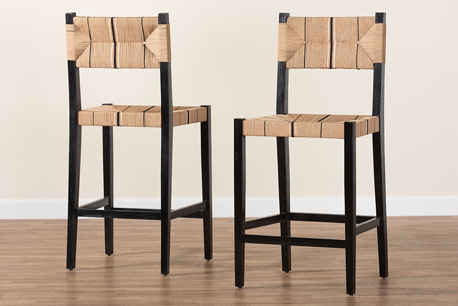 bali & pari Prita Bohemian Paper Loom and Black Mahogany Wood 2-Piece Bar Stool Set