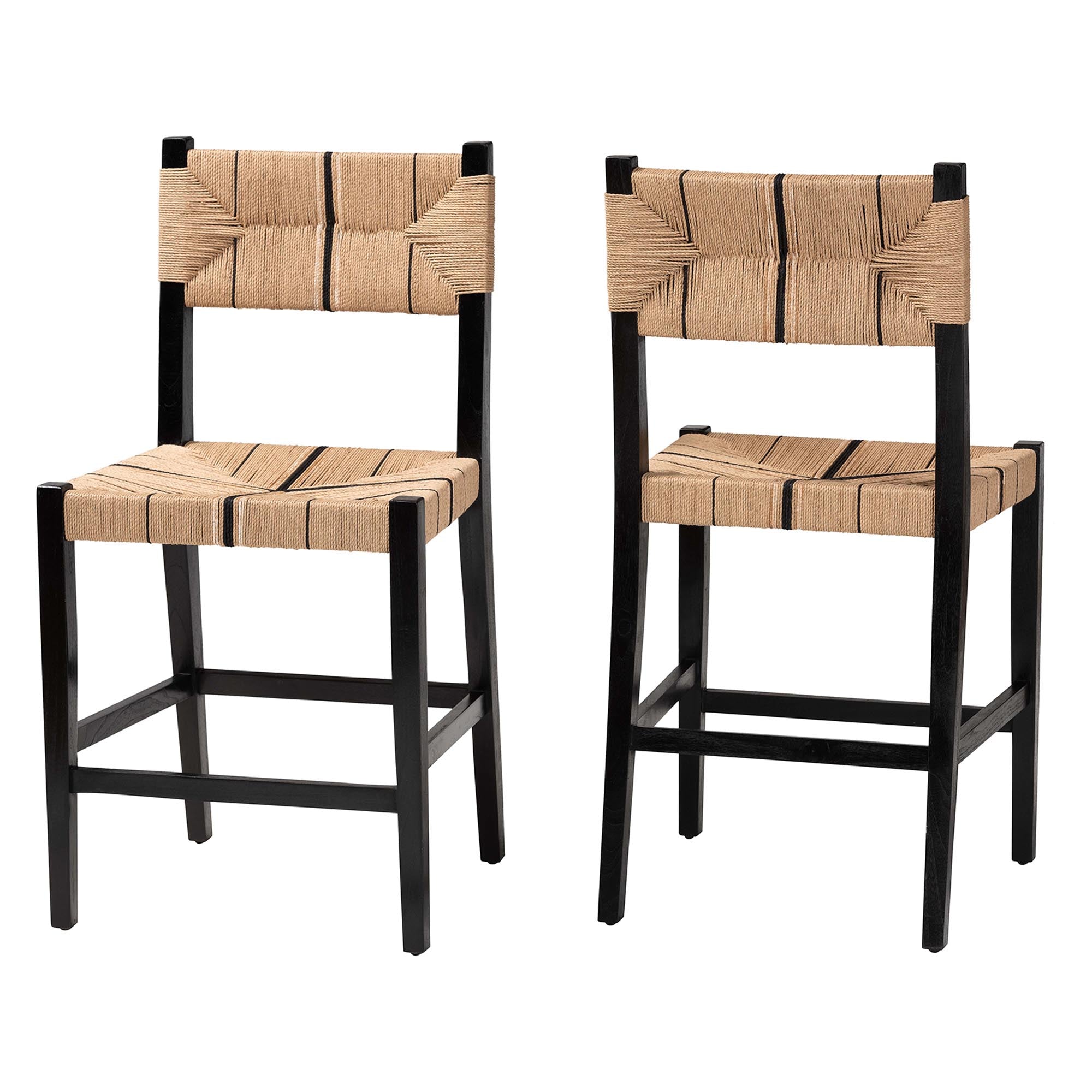 bali & pari Prita Bohemian Paper Loom and Black Mahogany Wood 2-Piece Counter Stool Set
