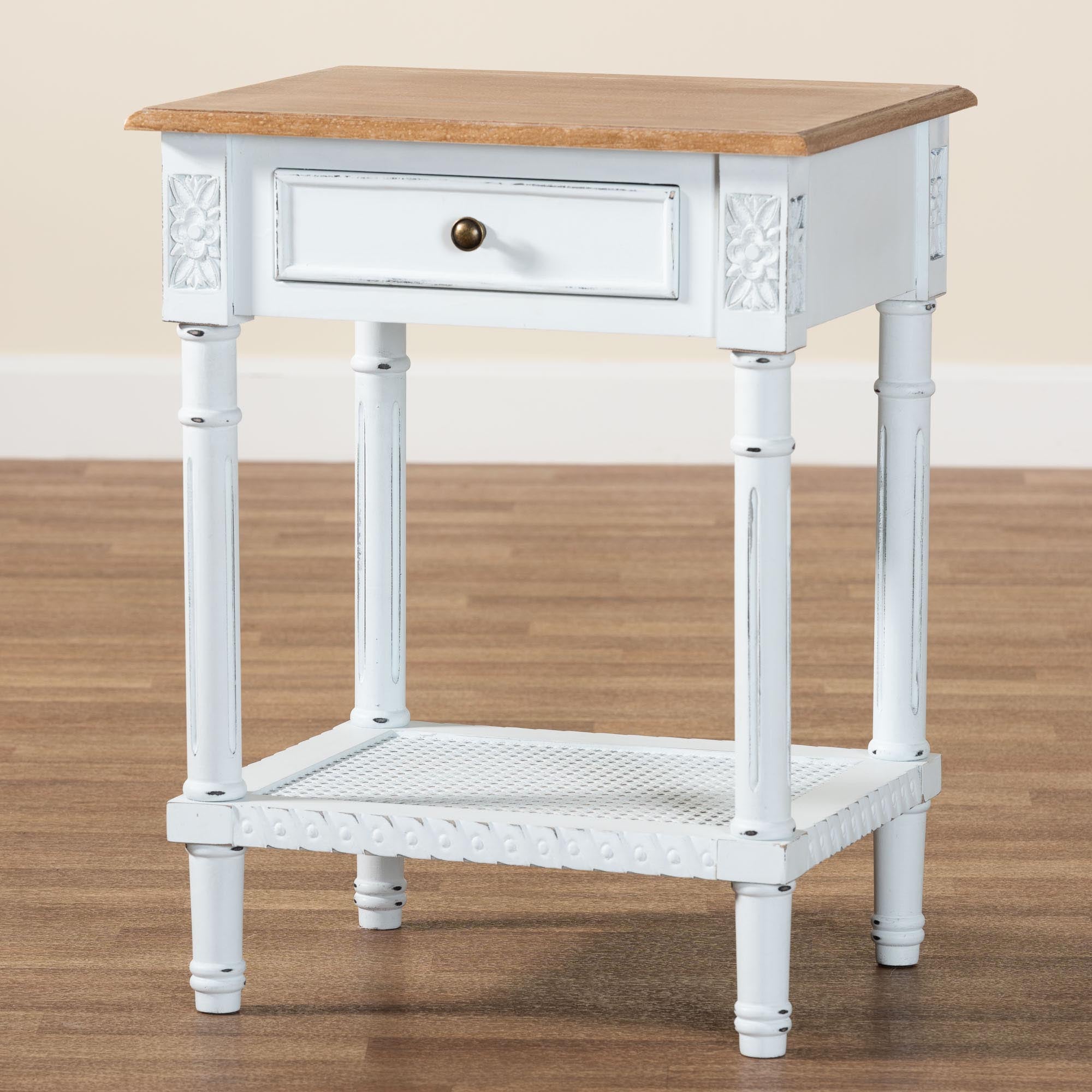 Legrand Classic French Two-Tone White and Natural Brown 1-Drawer End Table