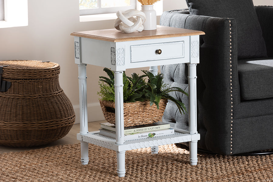 Legrand Classic French Two-Tone White and Natural Brown 1-Drawer End Table