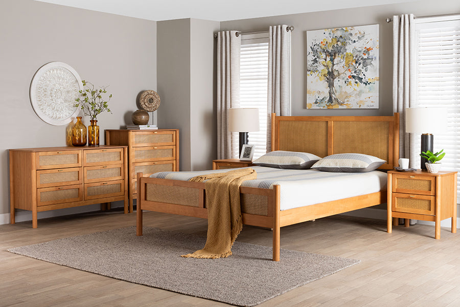 Jenn Golden Brown Wood Japandi 5-Piece Queen Size Bedroom Set with Distressed-Finished Rattan
