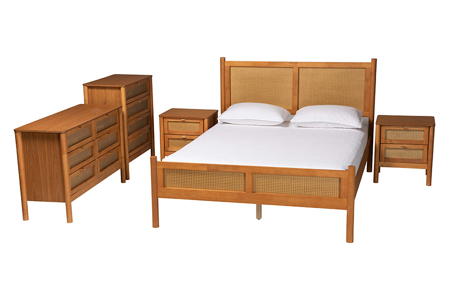 Jenn Golden Brown Wood Japandi 5-Piece Queen Size Bedroom Set with Distressed-Finished Rattan