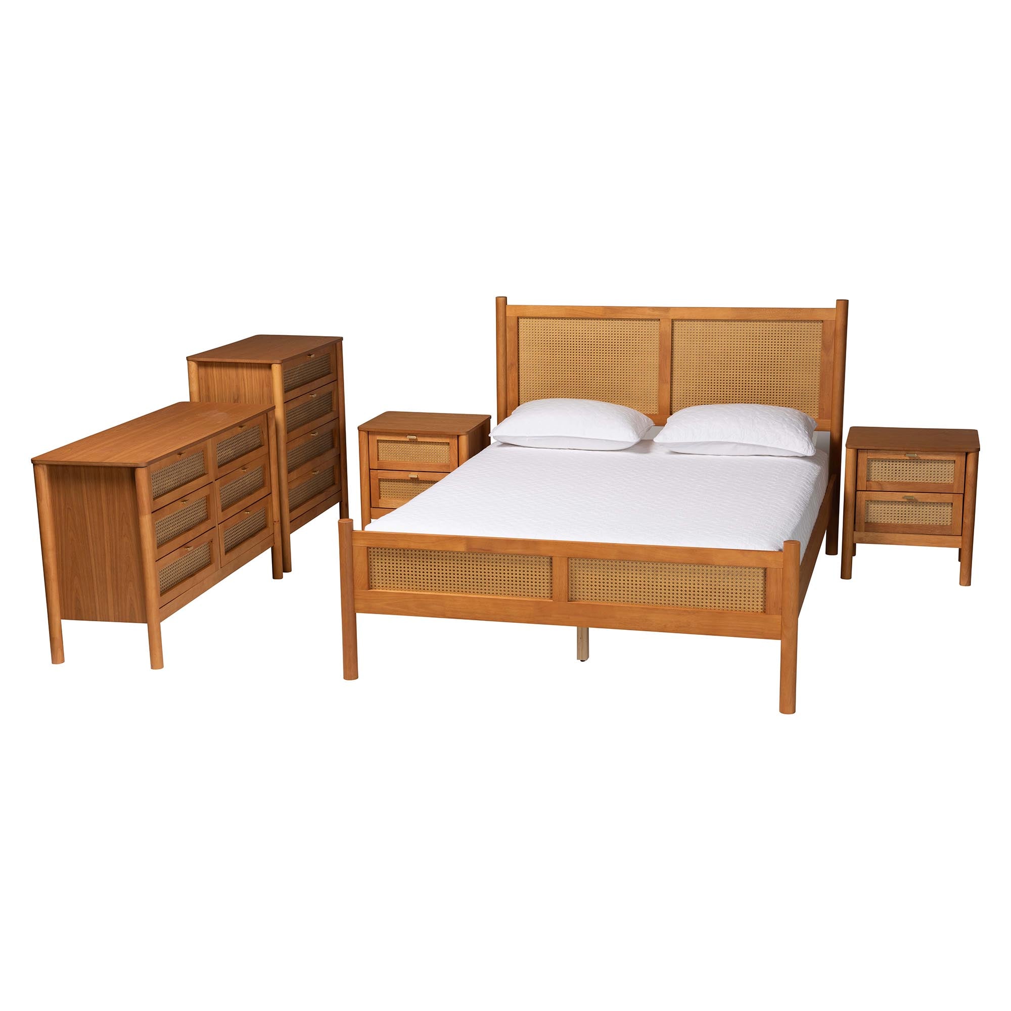Jenn Golden Brown Wood Japandi 5-Piece Queen Size Bedroom Set with Distressed-Finished Rattan