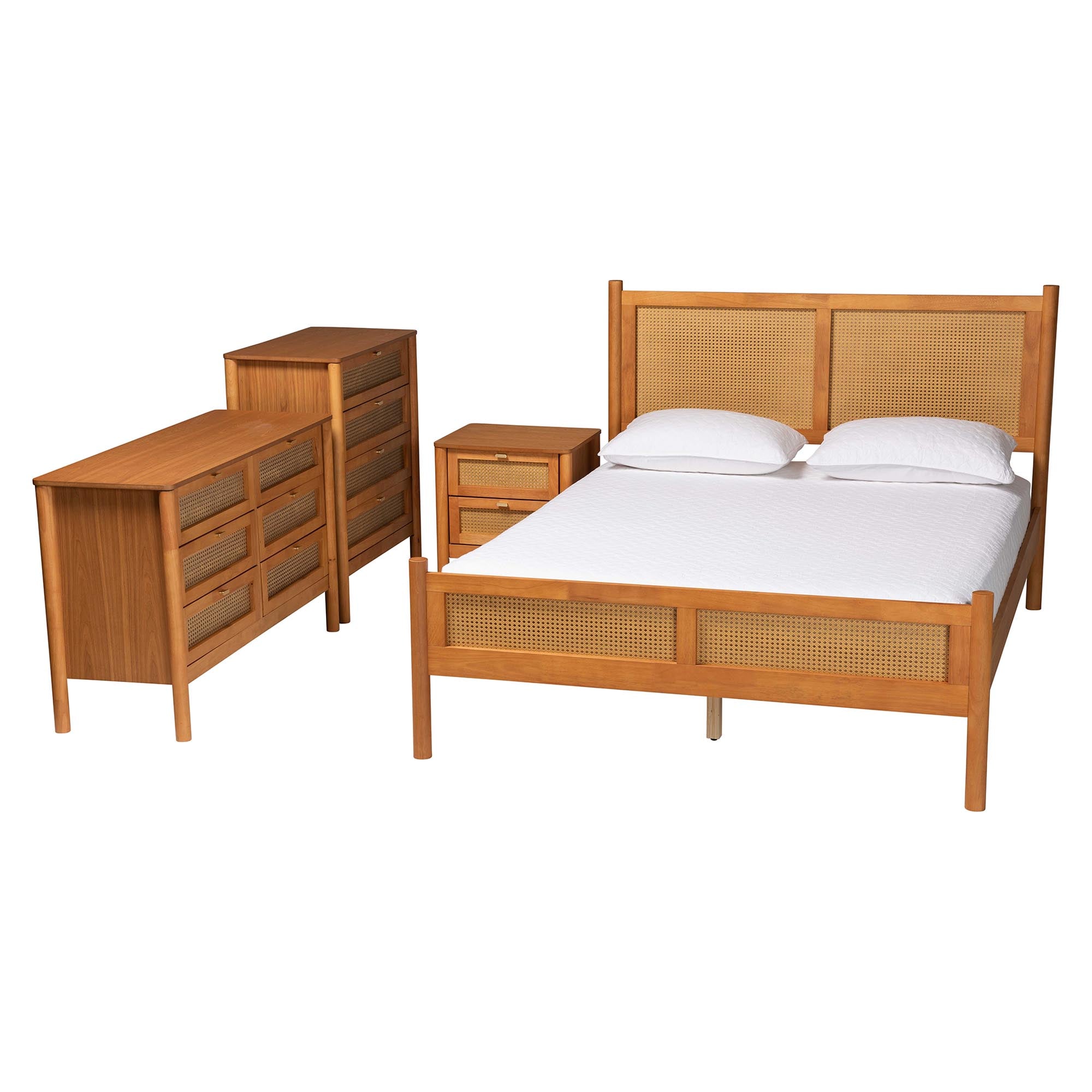 Jenn Golden Brown Wood Japandi 4-Piece Queen Size Bedroom Set with Distressed-Finished Rattan