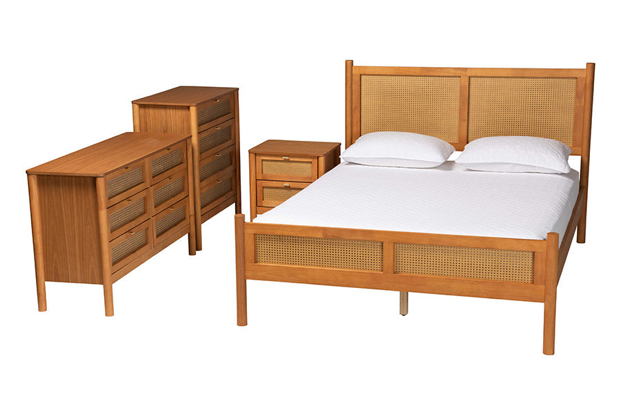 Jenn Golden Brown Wood Japandi 4-Piece Queen Size Bedroom Set with Distressed-Finished Rattan