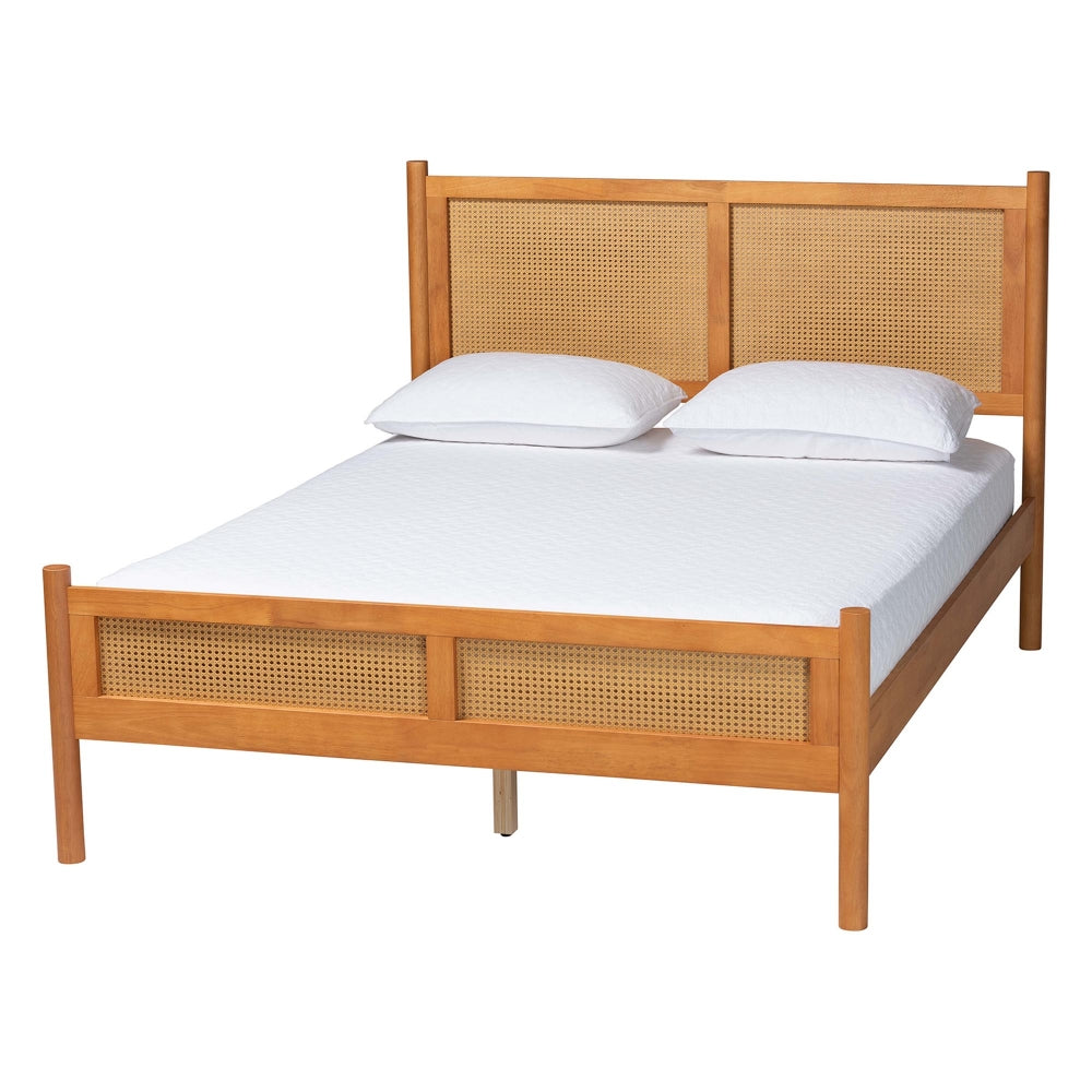 Jenn Golden Brown Wood Japandi Queen Size Platform Bed with Distressed-Finished Rattan