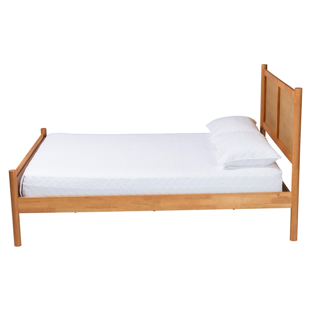 Jenn Golden Brown Wood Japandi Queen Size Platform Bed with Distressed-Finished Rattan