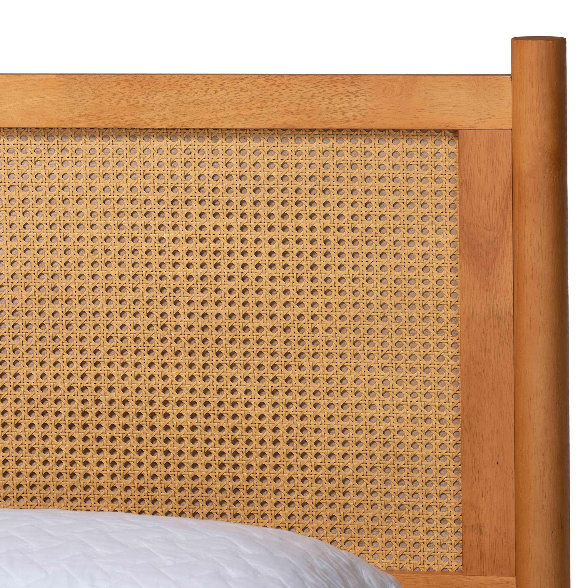Jenn Golden Brown Wood Japandi Queen Size Platform Bed with Distressed-Finished Rattan