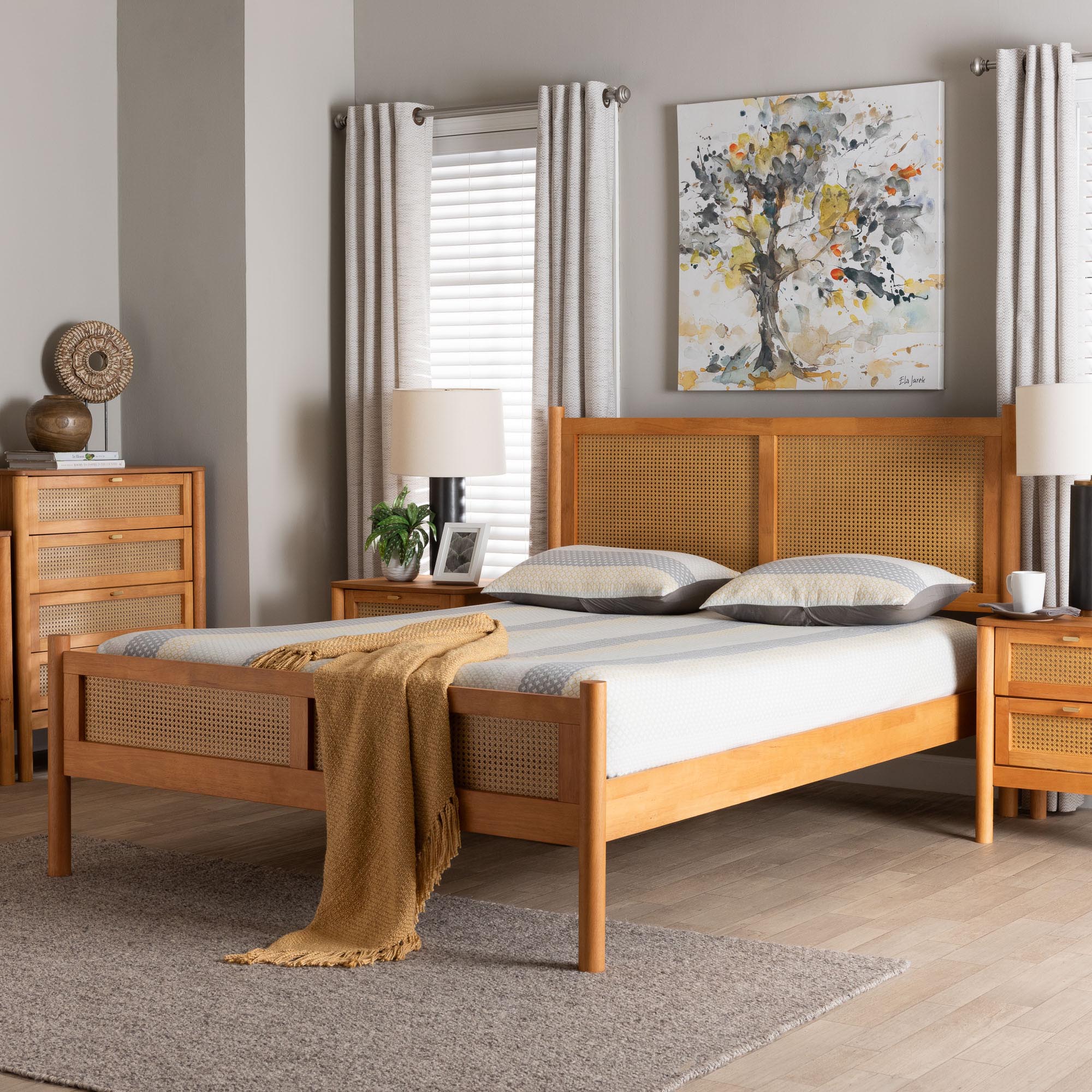 Jenn Golden Brown Wood Japandi Queen Size Platform Bed with Distressed-Finished Rattan
