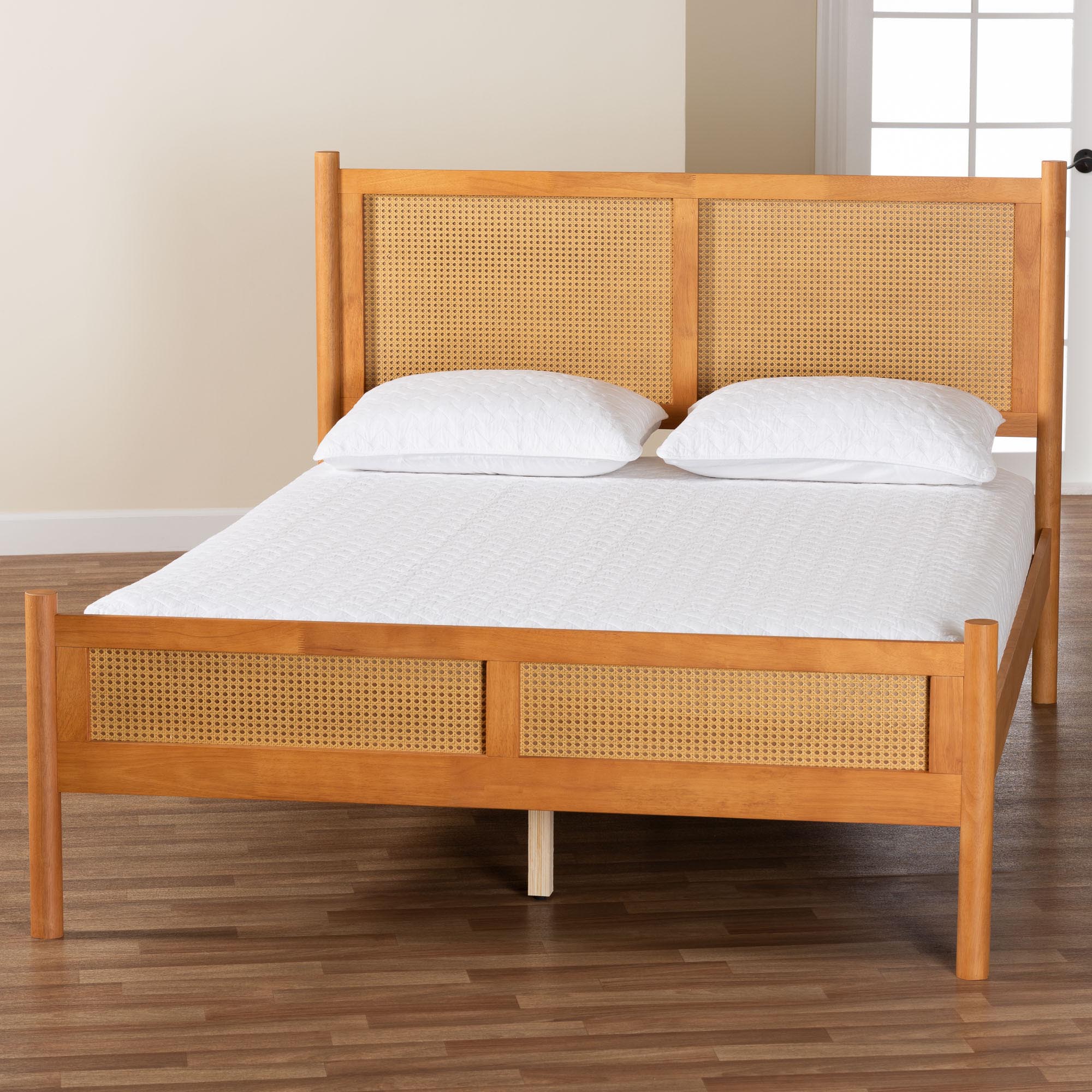 Jenn Golden Brown Wood Japandi Queen Size Platform Bed with Distressed-Finished Rattan