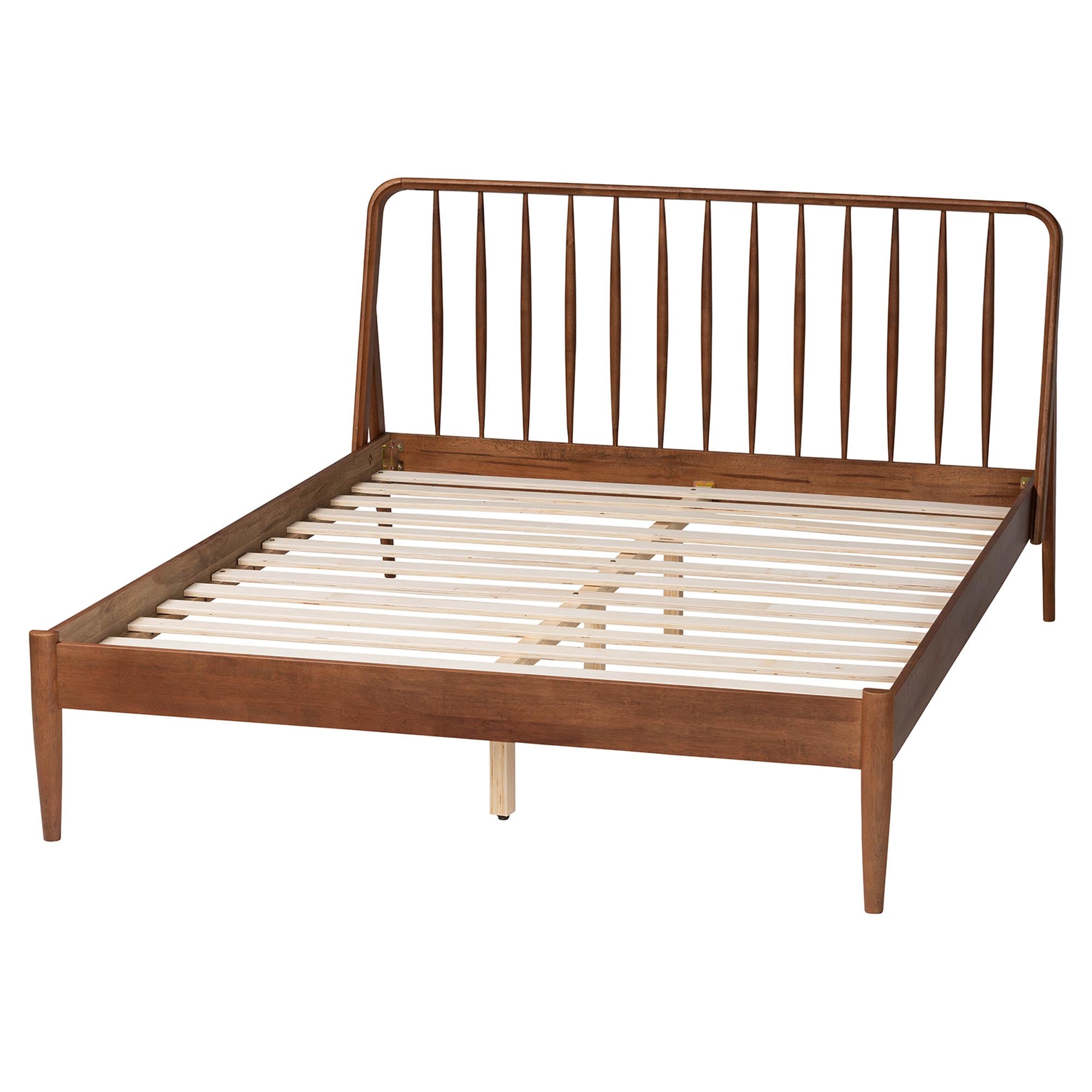 Maeron Mid-Century Modern Walnut Brown Queen Platform Bed with Spindle Headboard