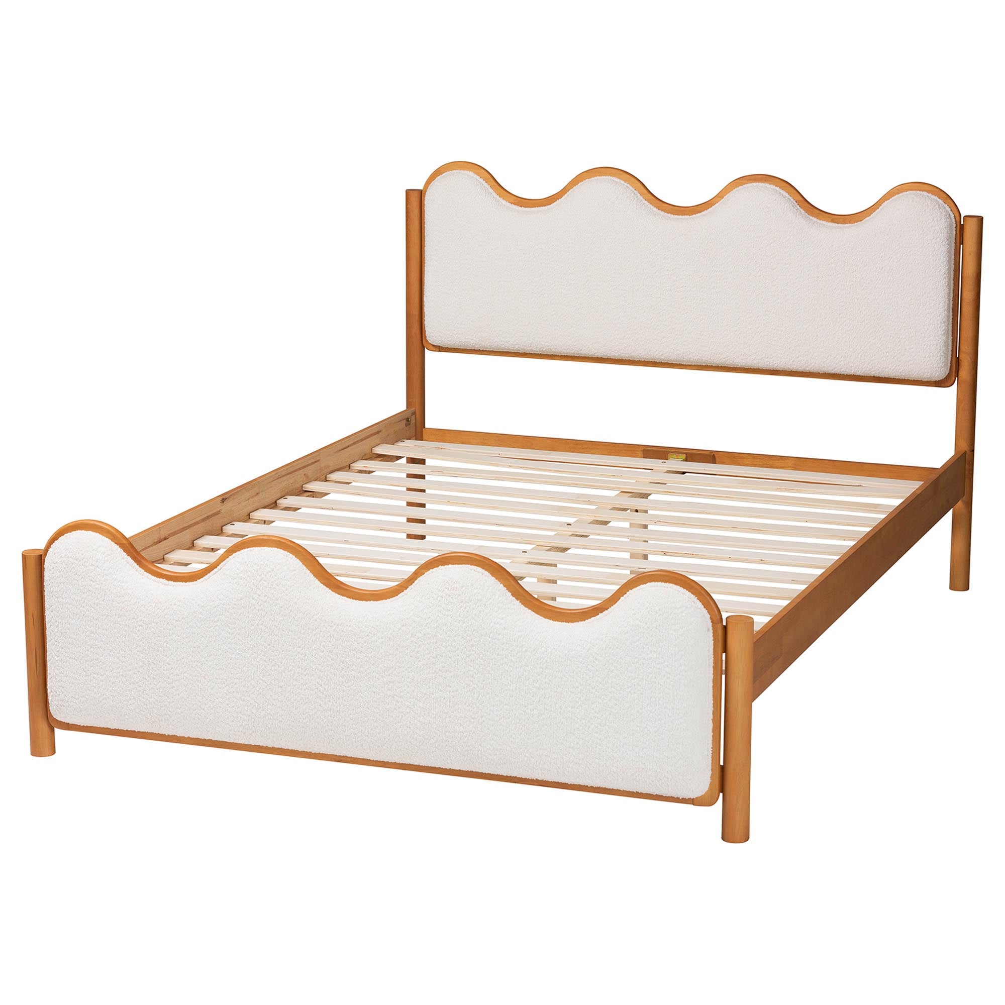 Lilia Mid-Century Modern Scalloped Cream Boucle and Oak Brown Wood Queen Platform Bed