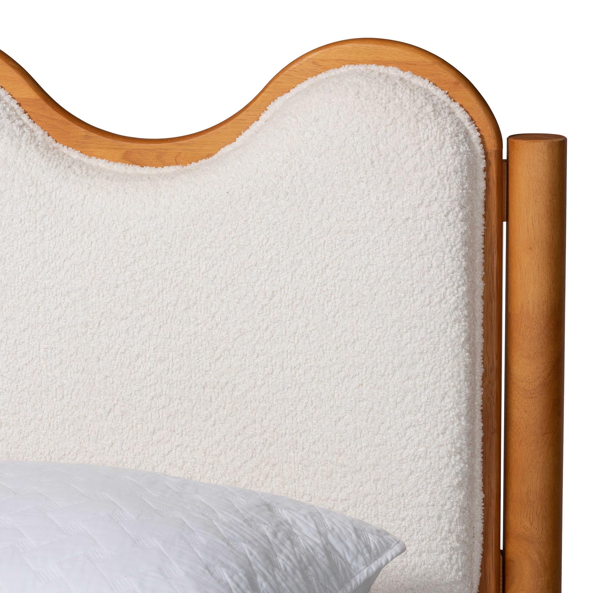 Lilia Mid-Century Modern Scalloped Cream Boucle and Oak Brown Wood Queen Platform Bed