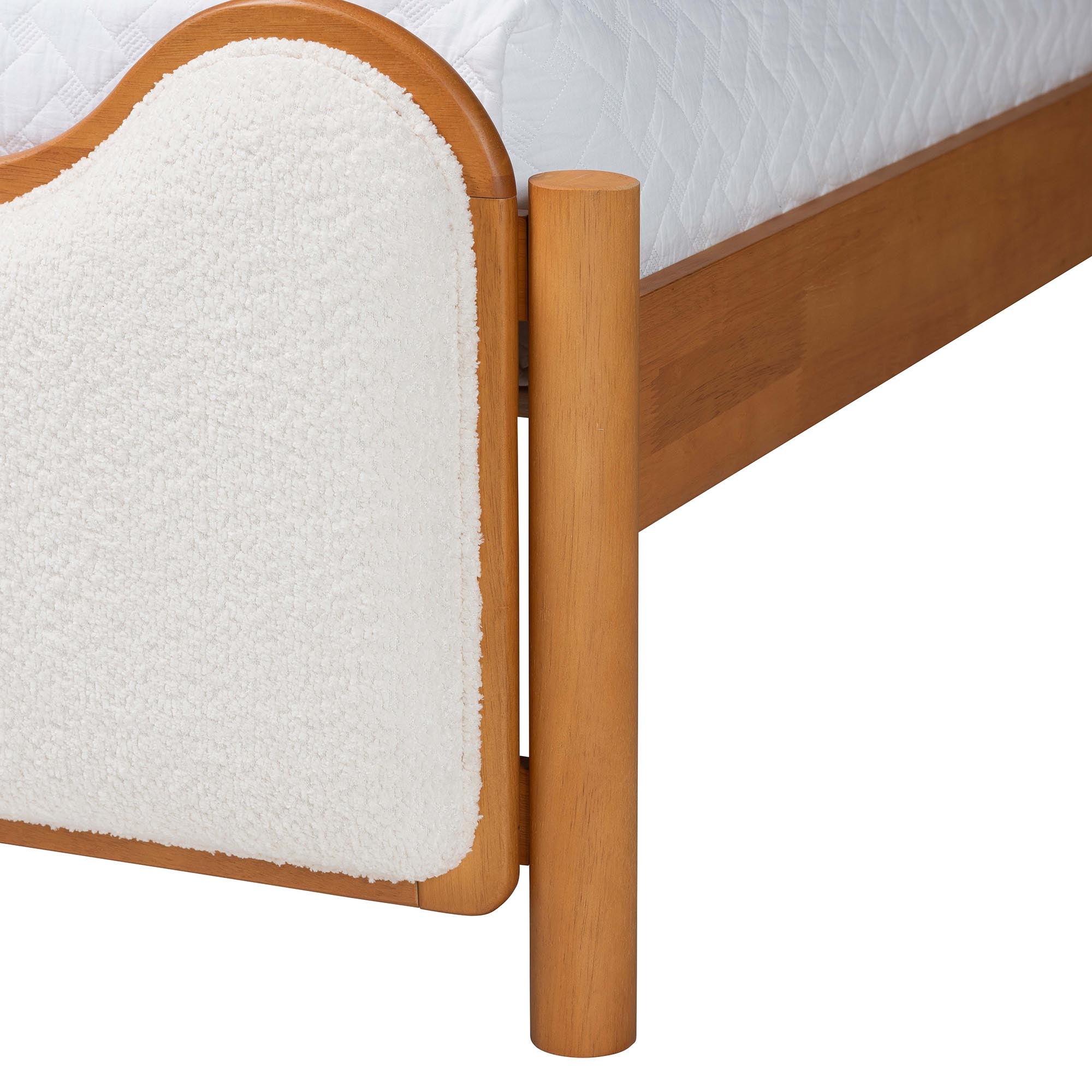 Lilia Mid-Century Modern Scalloped Cream Boucle and Oak Brown Wood Queen Platform Bed