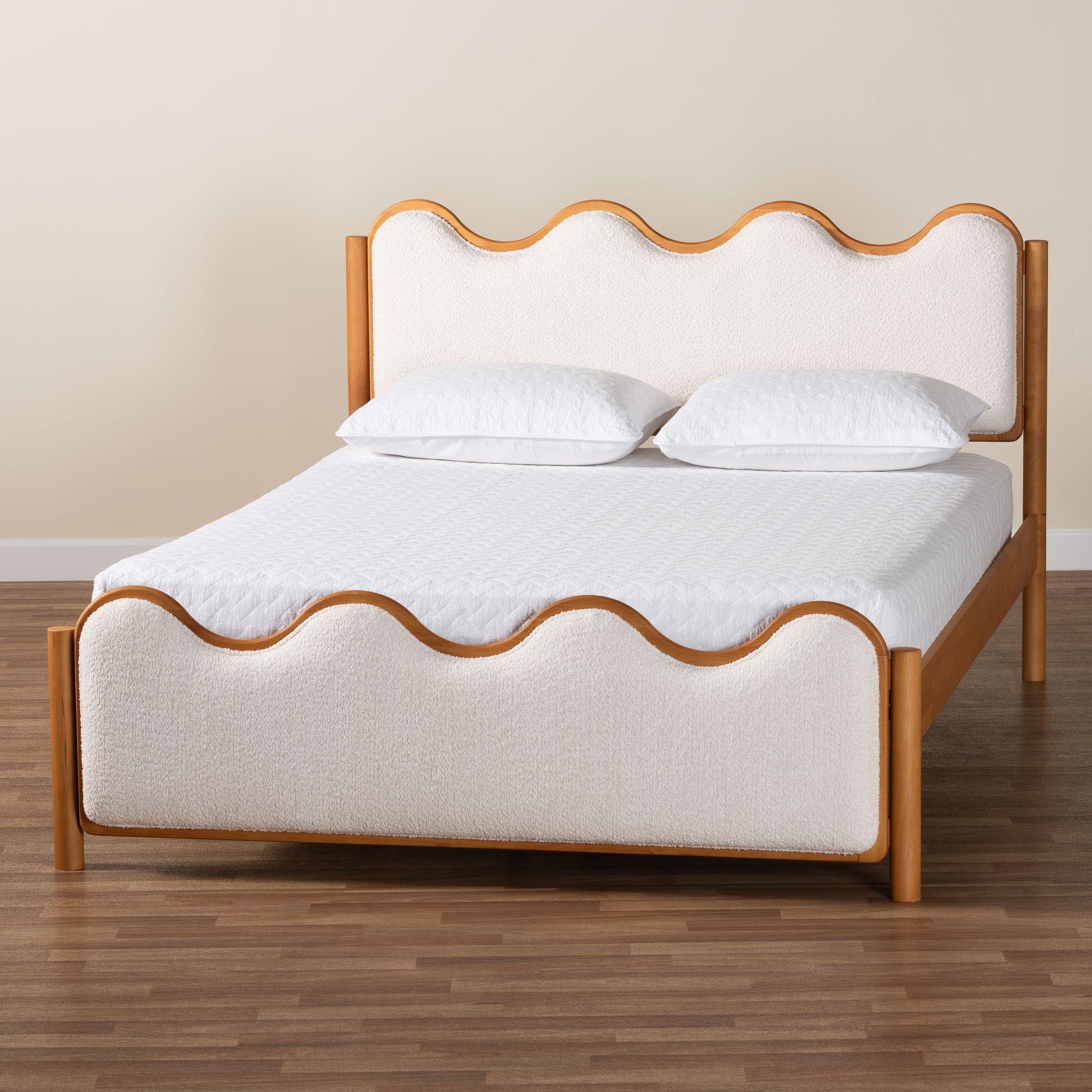 Lilia Mid-Century Modern Scalloped Cream Boucle and Oak Brown Wood Queen Platform Bed