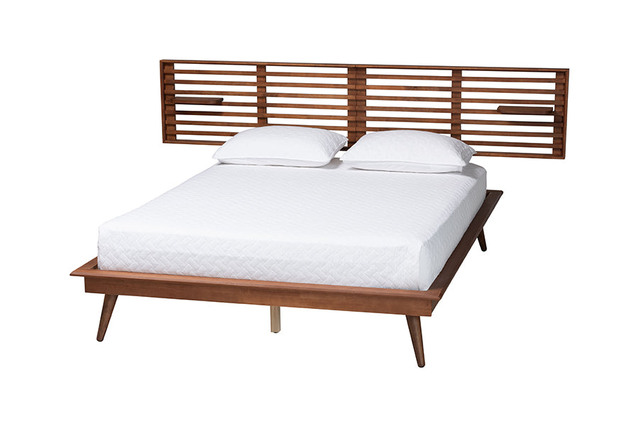 Elvina Mid-Century Transitional Ash Walnut Wood Queen Size Platform Bed with Built-In Shelves