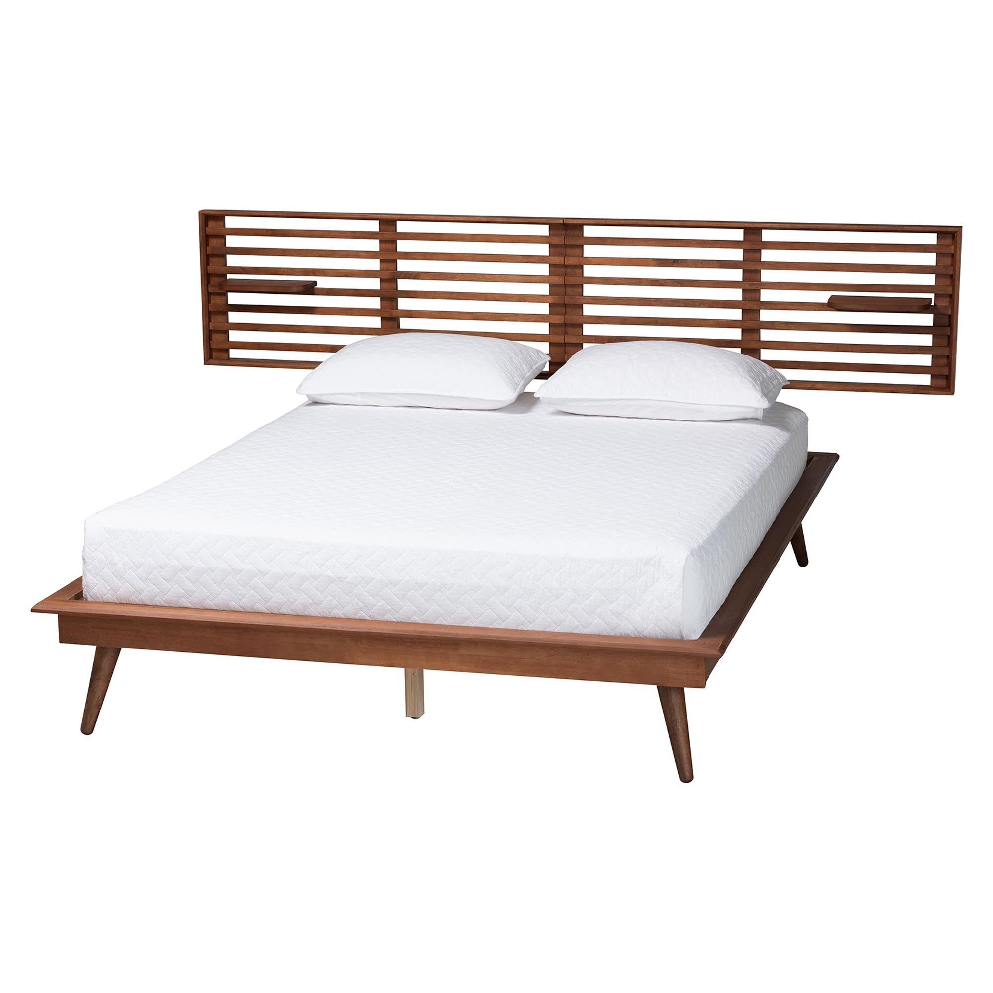 Elvina Mid-Century Transitional Ash Walnut Wood King Size Platform Bed with Built-In Shelves