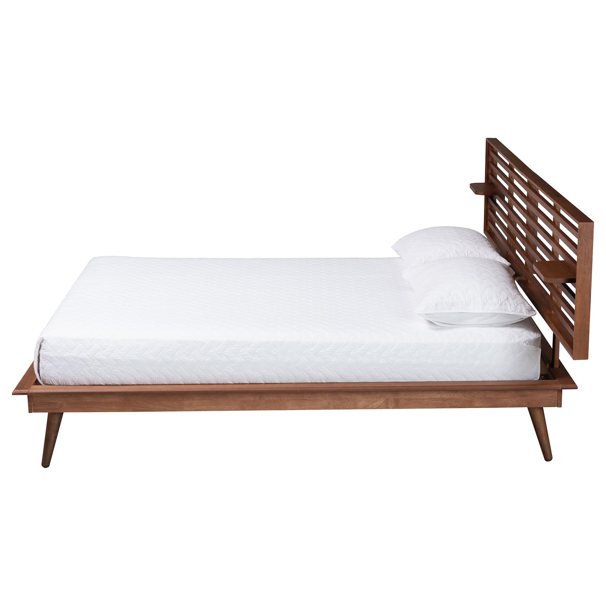 Elvina Mid-Century Transitional Ash Walnut Wood Queen Size Platform Bed with Built-In Shelves