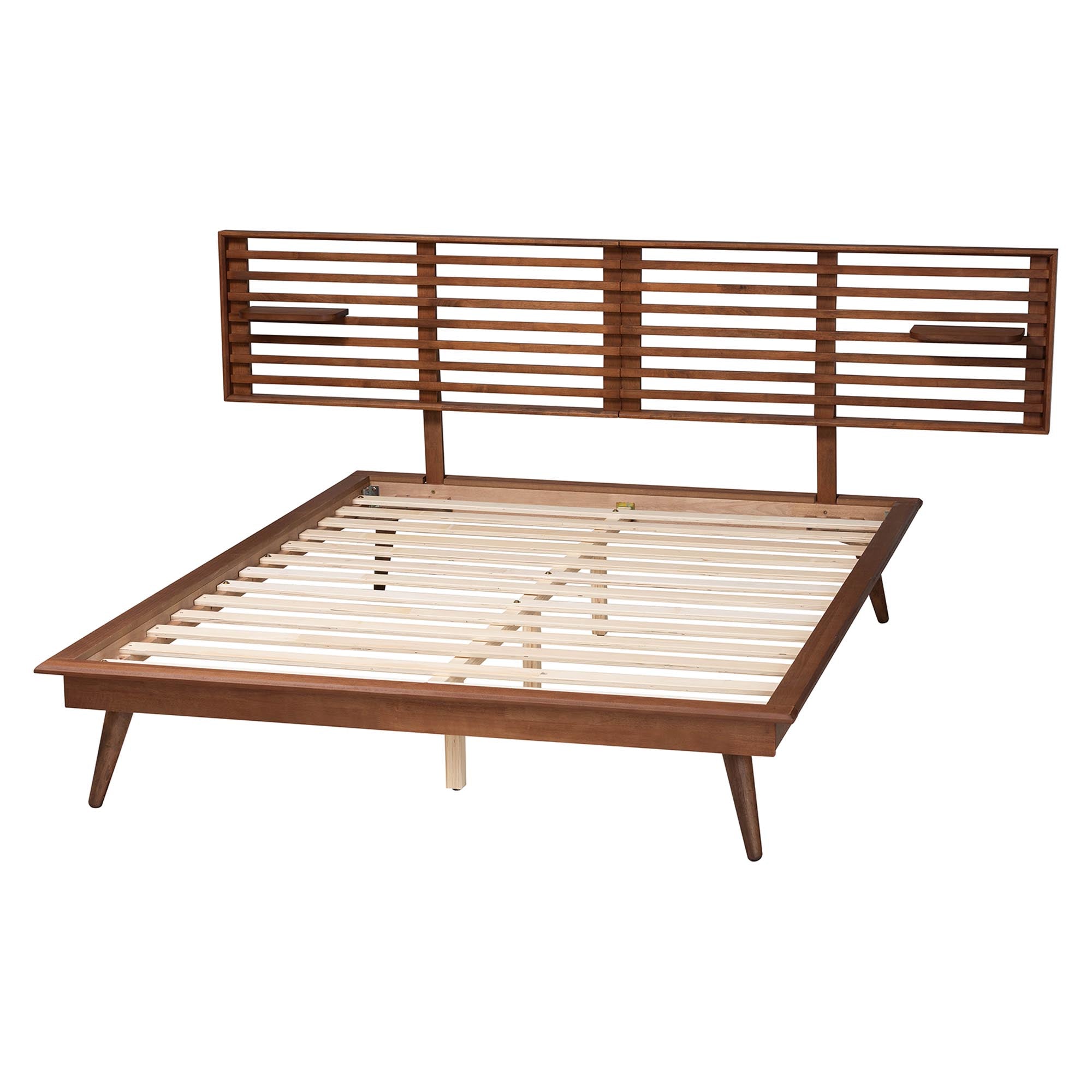 Elvina Mid-Century Transitional Ash Walnut Wood King Size Platform Bed with Built-In Shelves