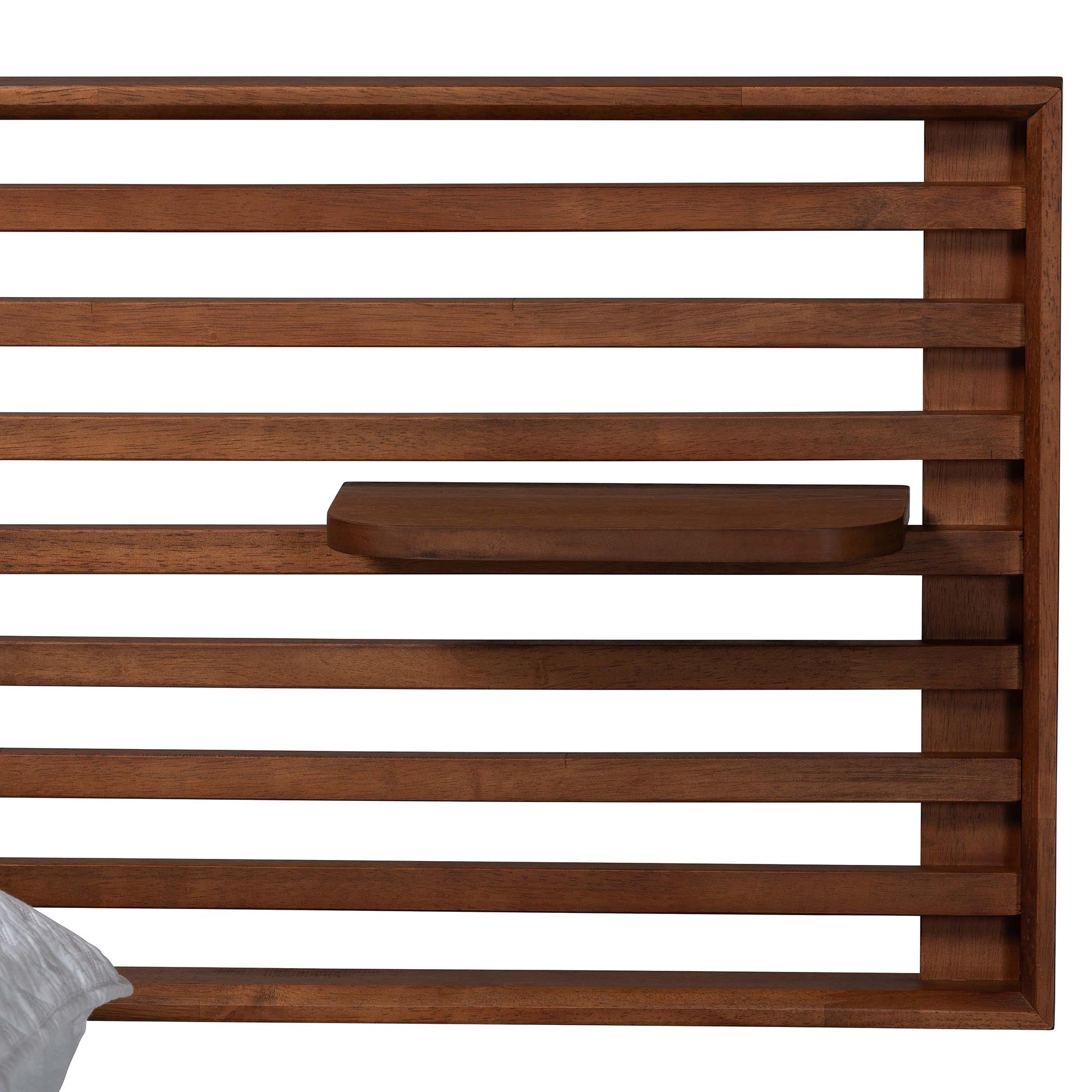 Elvina Mid-Century Transitional Ash Walnut Wood Queen Size Platform Bed with Built-In Shelves