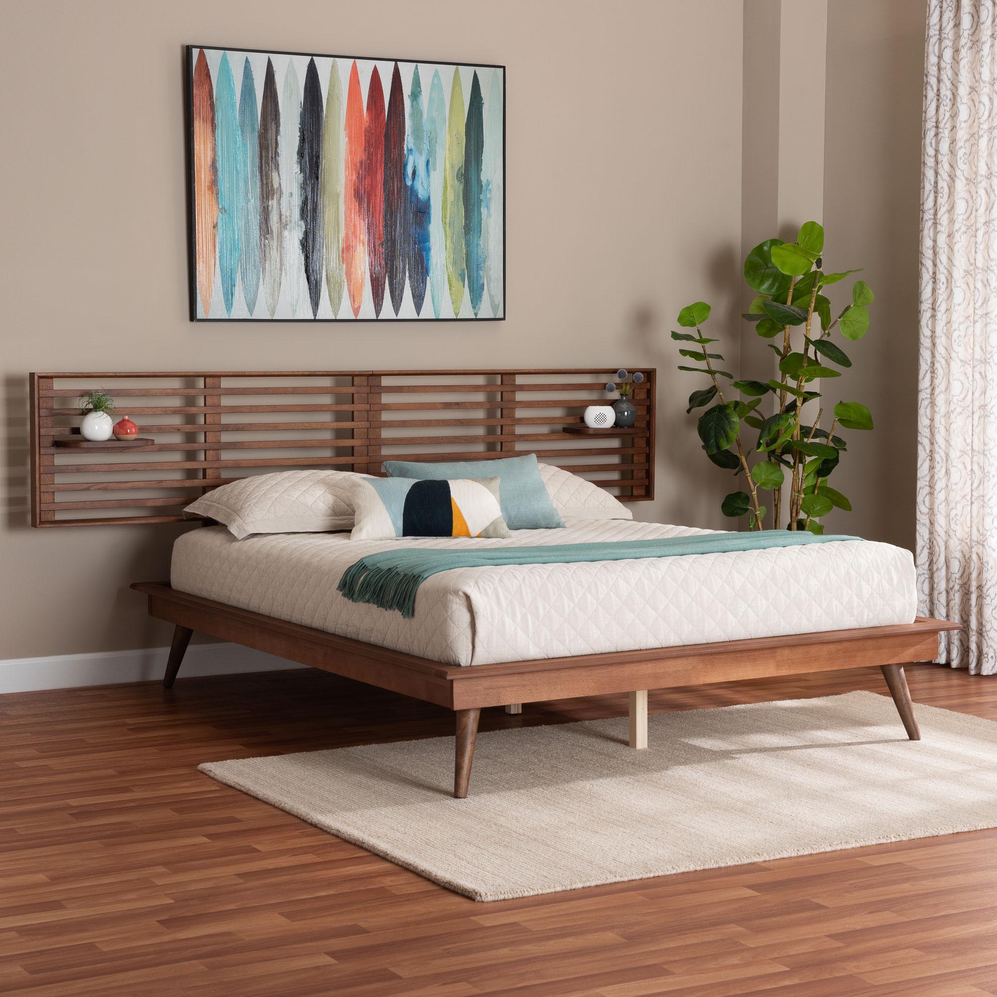 Elvina Mid-Century Transitional Ash Walnut Wood Queen Size Platform Bed with Built-In Shelves