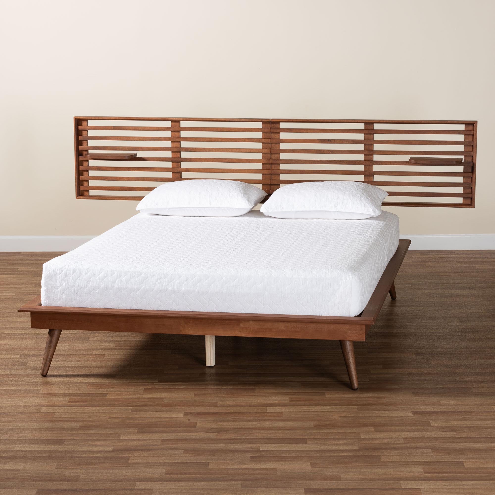 Elvina Mid-Century Transitional Ash Walnut Wood Queen Size Platform Bed with Built-In Shelves
