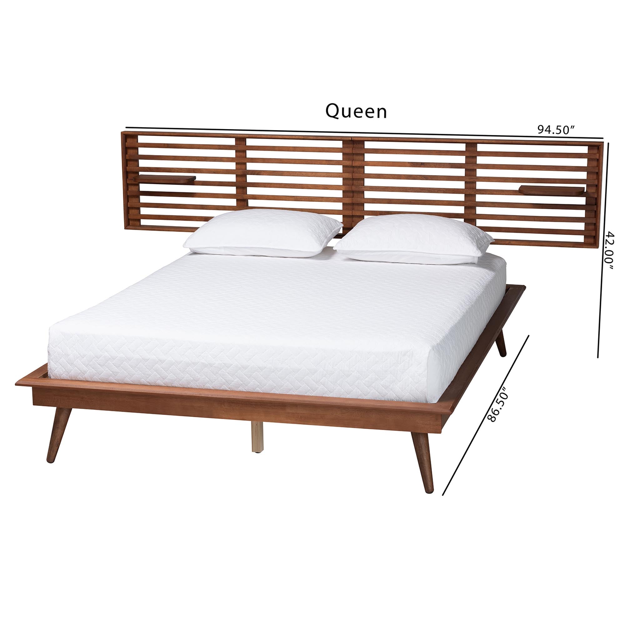 Elvina Mid-Century Transitional Ash Walnut Wood King Size Platform Bed with Built-In Shelves