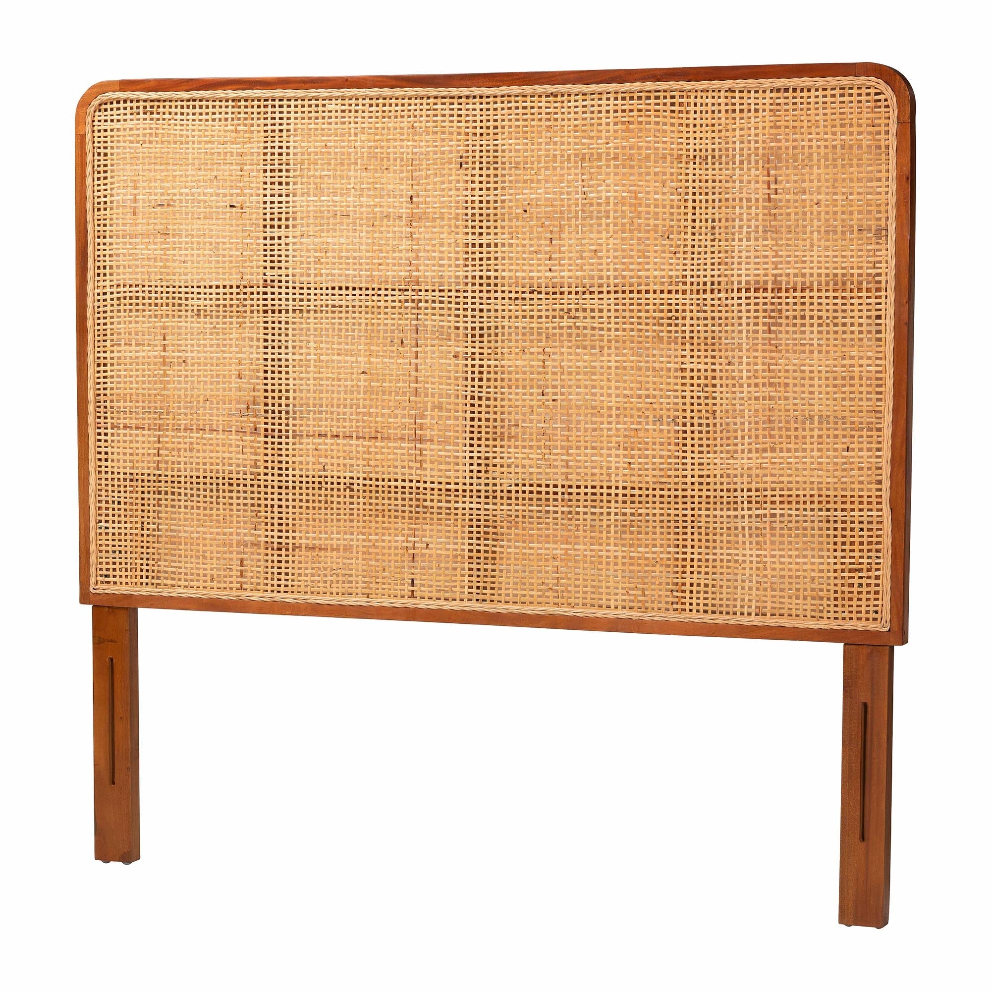 Caspia Bohemian Natural Rattan and Mahogany Wood Queen Size Headboard