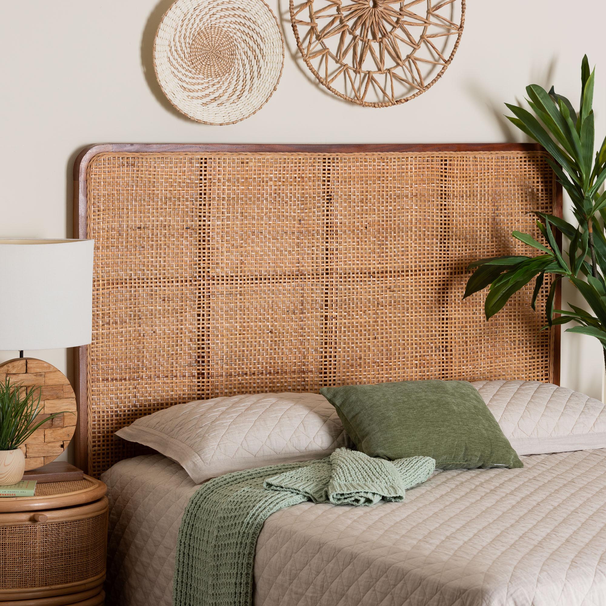 Caspia Bohemian Natural Rattan and Mahogany Wood Queen Size Headboard