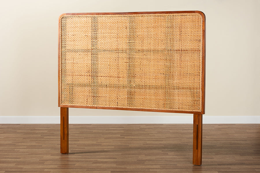 Caspia Bohemian Natural Rattan and Mahogany Wood Queen Size Headboard