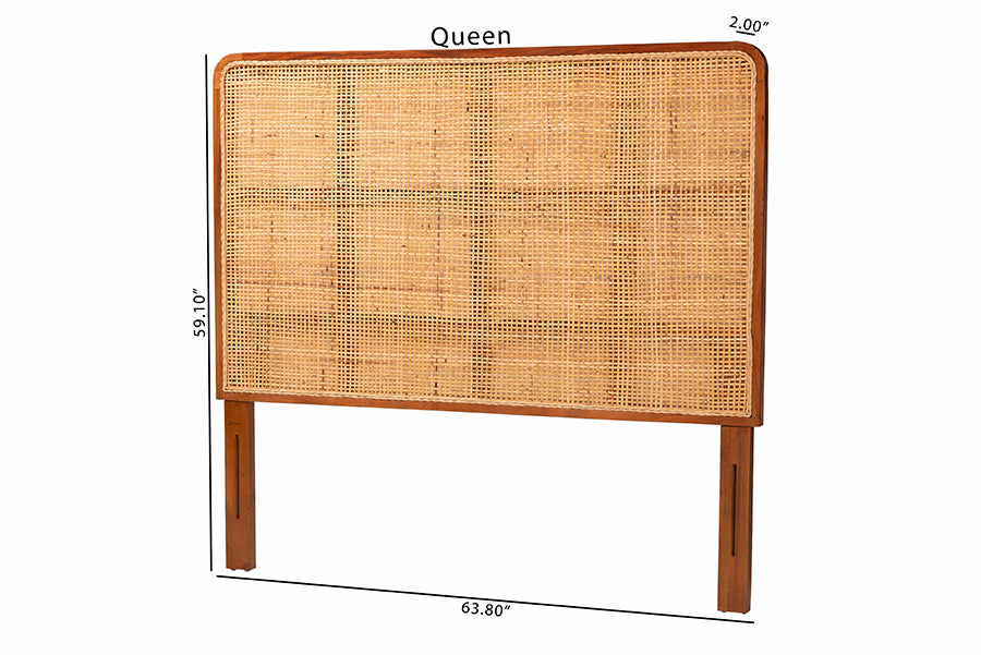 Caspia Bohemian Natural Rattan and Mahogany Wood Queen Size Headboard