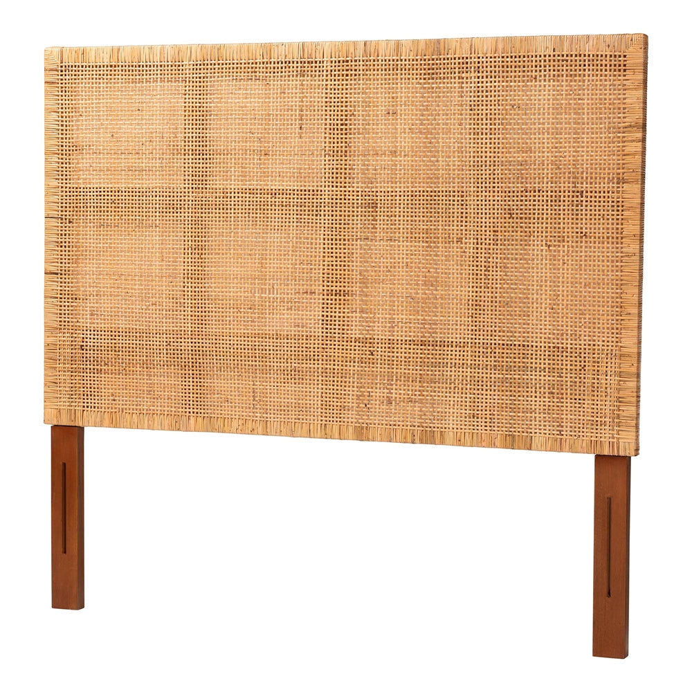Lesia Bohemian Natural Rattan and Mahogany Wood Queen Size Headboard