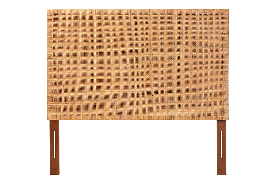 Lesia Bohemian Natural Rattan and Mahogany Wood Queen Size Headboard