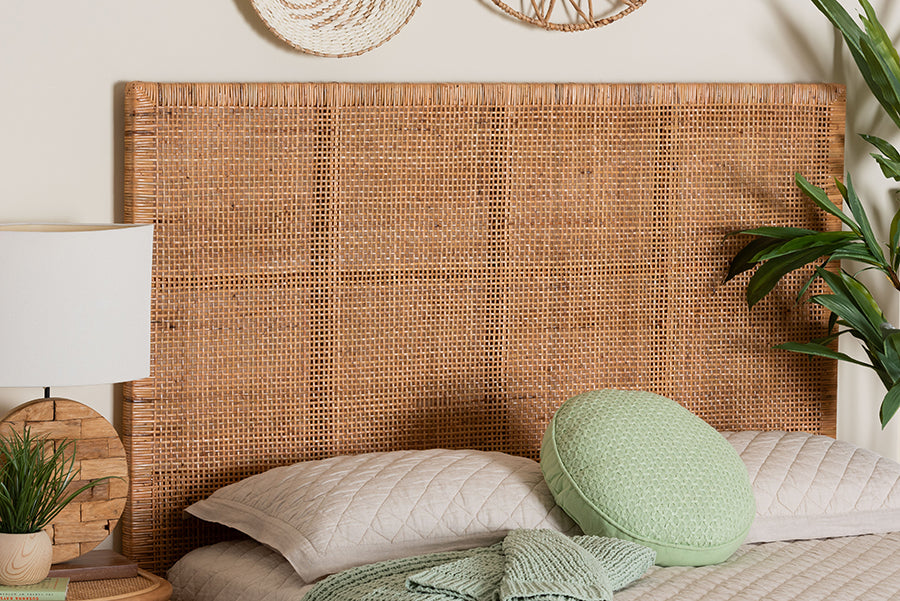 Lesia Bohemian Natural Rattan and Mahogany Wood Queen Size Headboard
