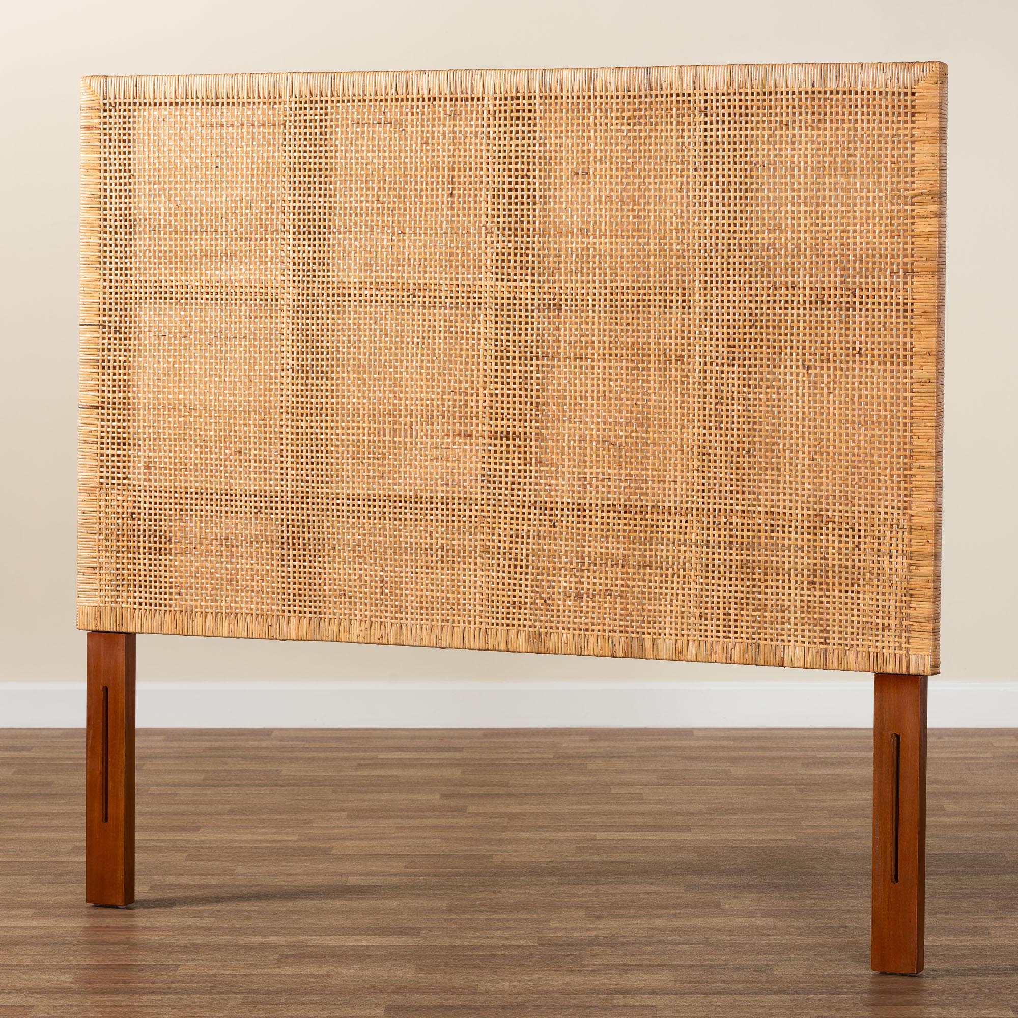 Lesia Bohemian Natural Rattan and Mahogany Wood Queen Size Headboard