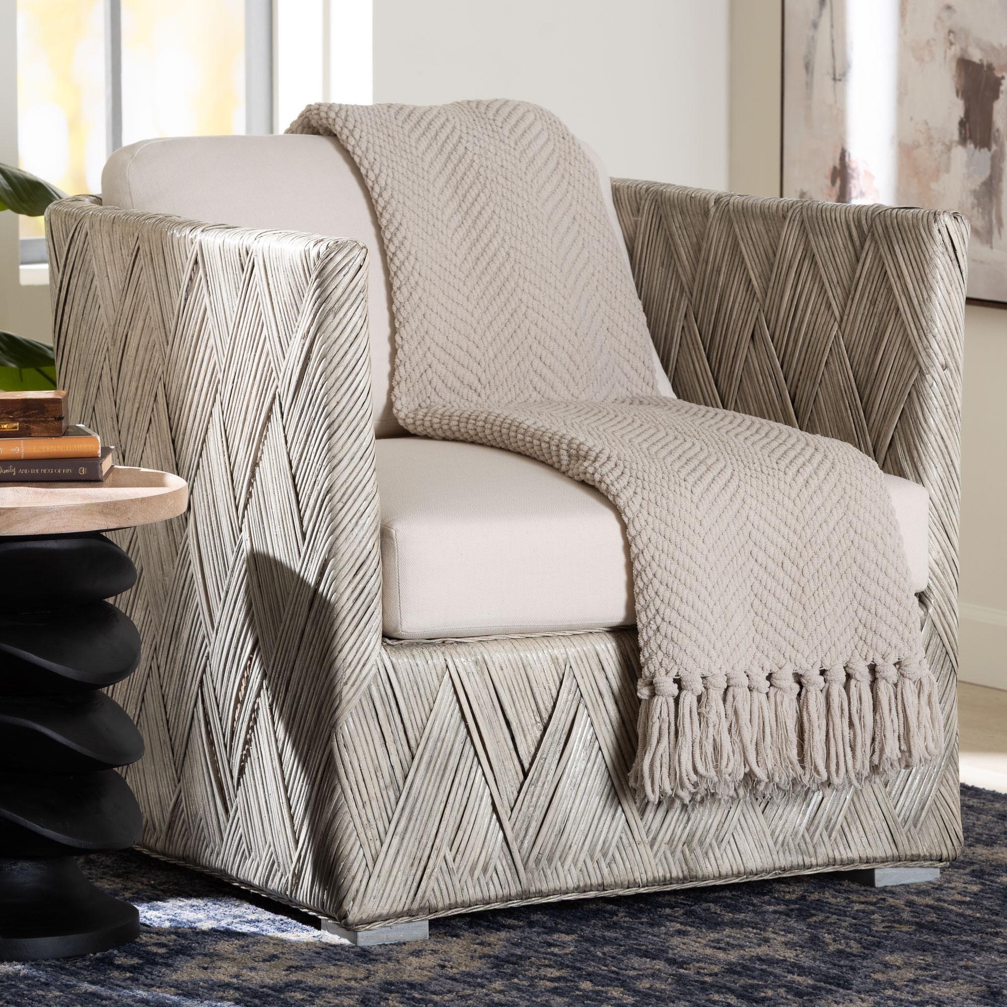 Melbourne Natural Rattan Lounge Chair - Handwoven Wicker Armchair with Tuxedo Frame for Living Room, Lounge, or Sun Room