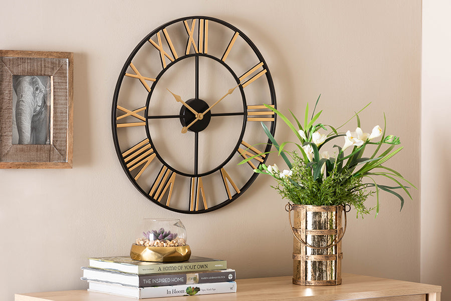 Auden Modern Industrial Two-Tone Black and Gold Metal Wall Clock