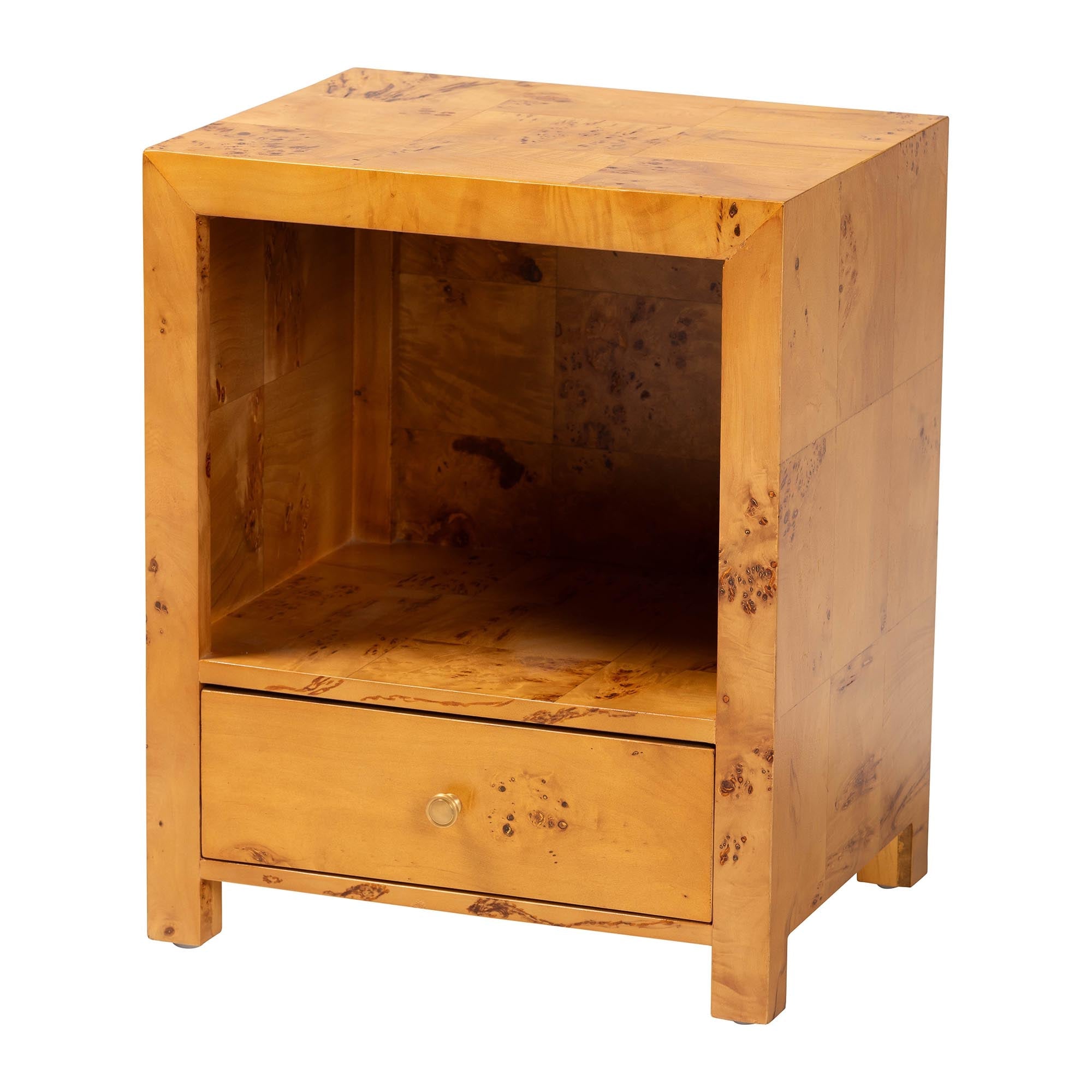 Camira Modern and Contemporary Natural Light Mappa Real Burl Wood 1-Drawer Nightstand