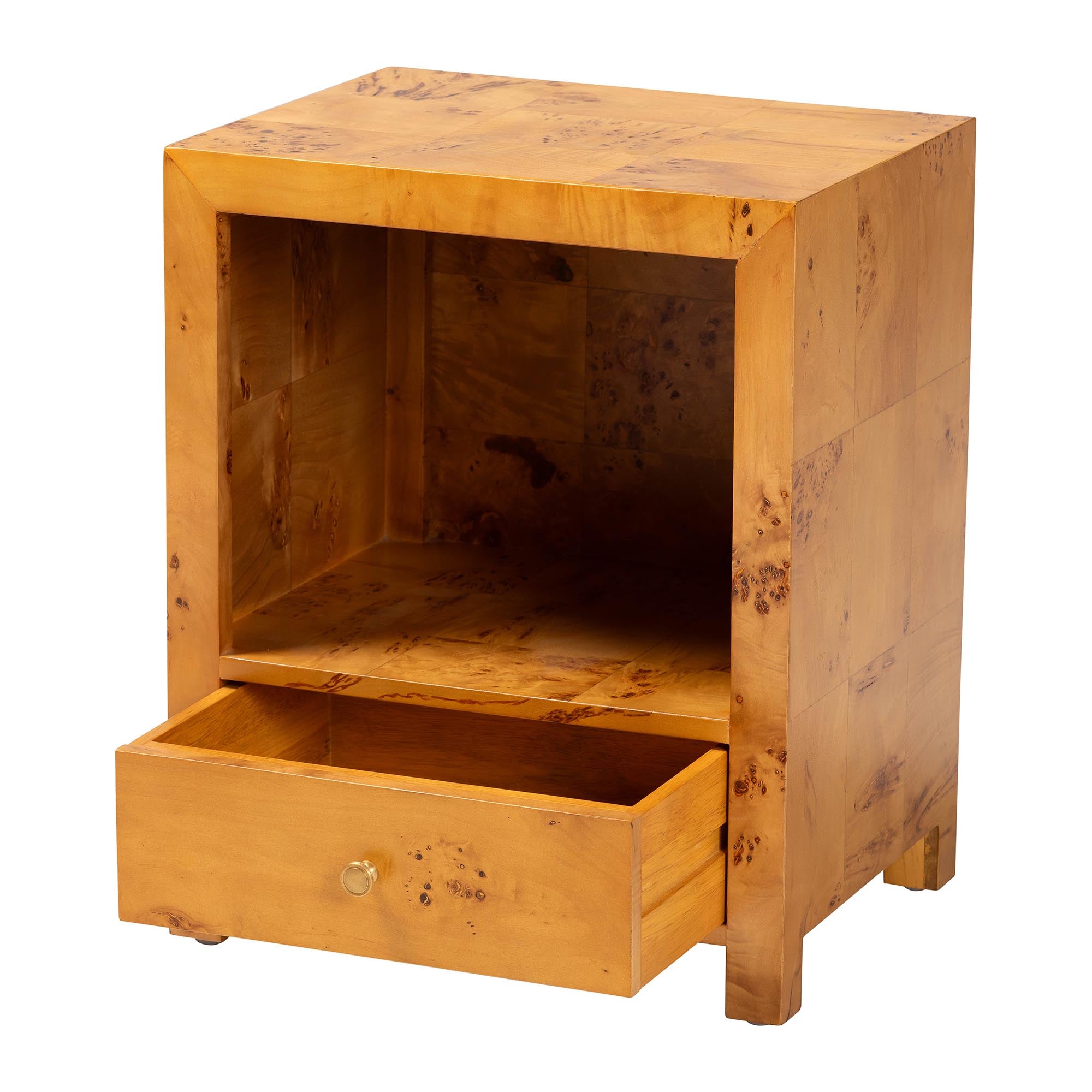 Camira Modern and Contemporary Natural Light Mappa Real Burl Wood 1-Drawer Nightstand
